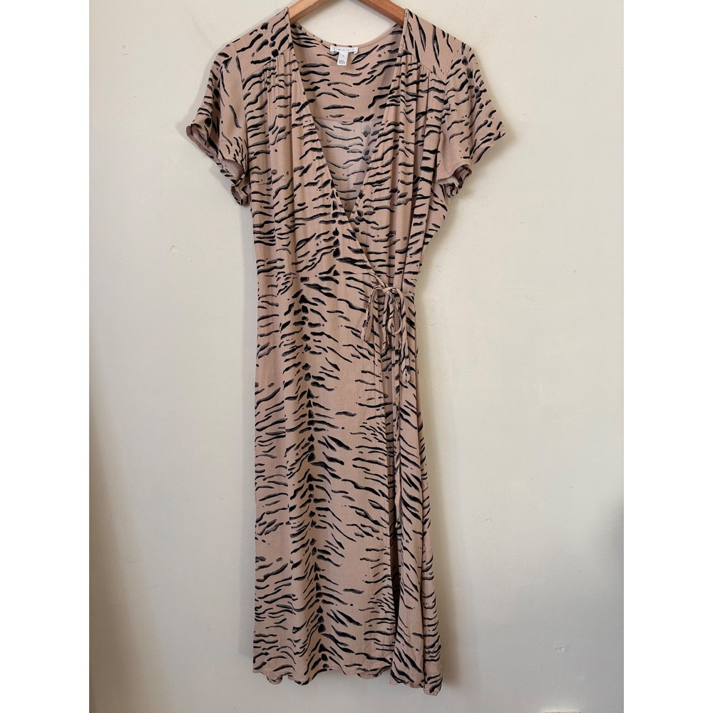 Leith Babydoll Tan Black Tiger Print Wrap Midi Dress Short Flutter Sleeve V-Neck